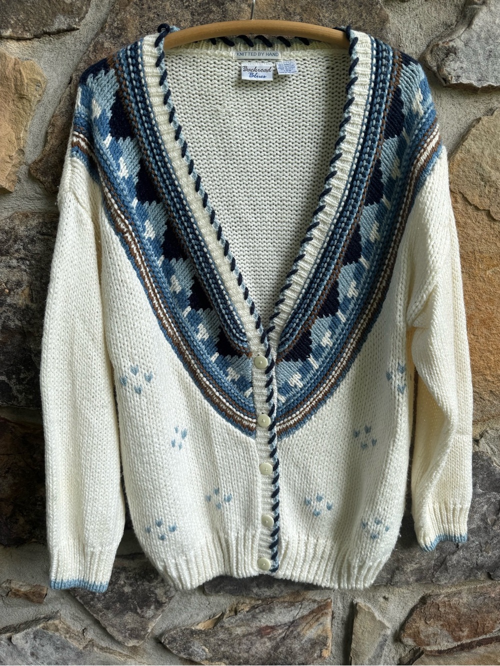 Vintage Backroad Blues Hand Knit Cardigan 18W Fair Isle Coastal Sweater Boho